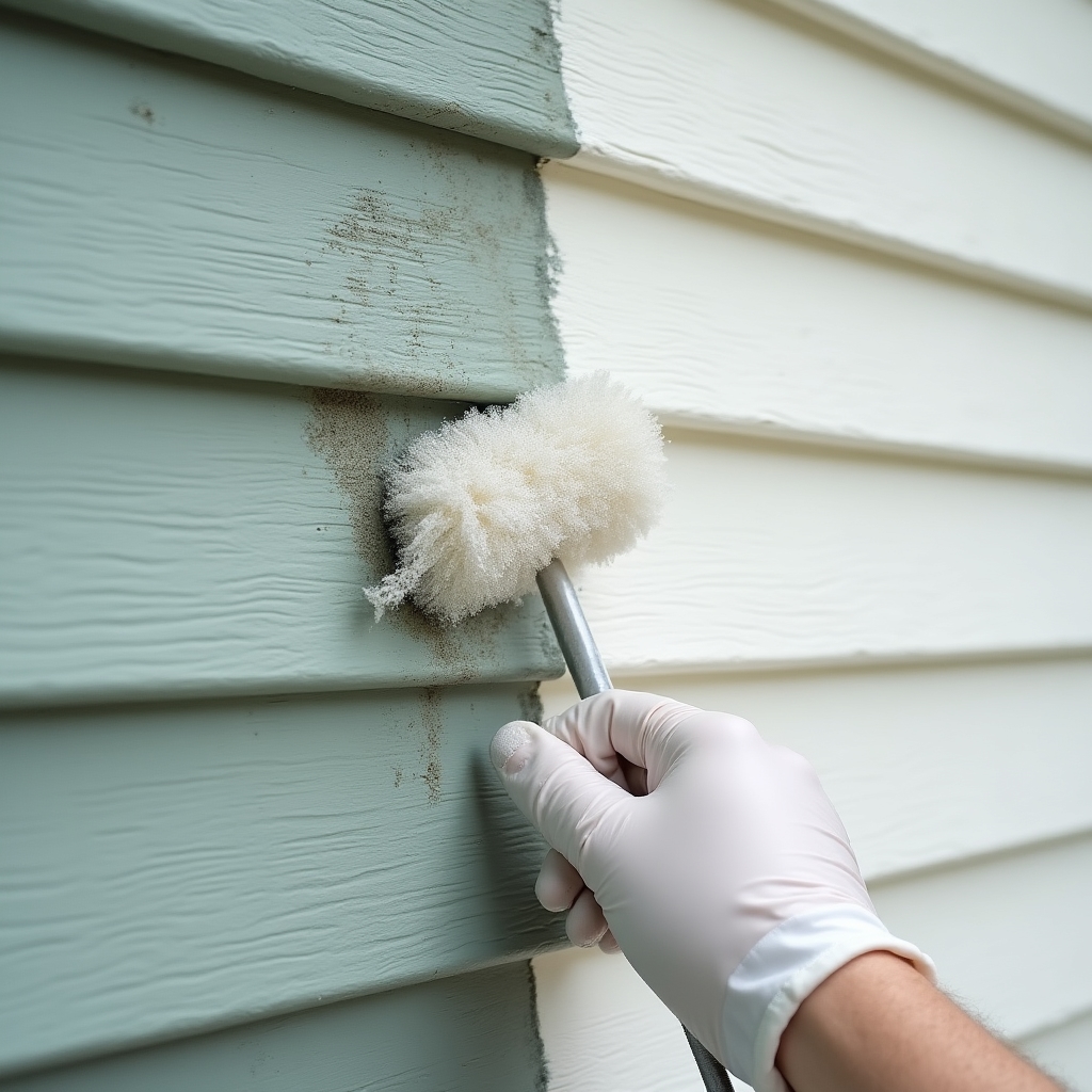 Vinyl siding shown partway through a soft wash, one section clean and bright, the other still dulled with grime