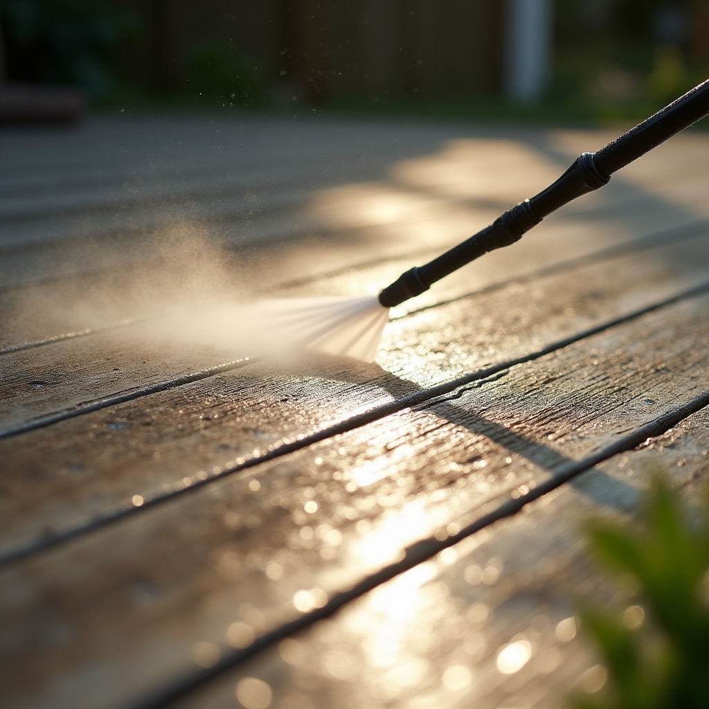 Wooden deck boards being rinsed and cleaned with visible water spray