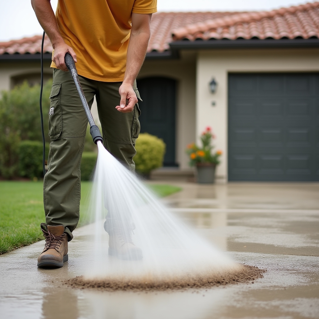 Pressure washer clearing grime off a concrete driveway in a stream of water