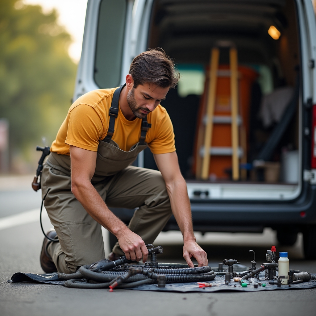Technician checking hose fittings and equipment before loading a service vehicle